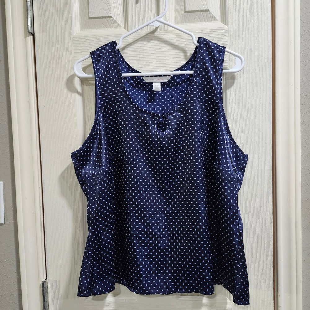 Cacique Navy Blue Polka Dot Satin Cami Sleeveless Top Keyhole Neck Womens 14/16